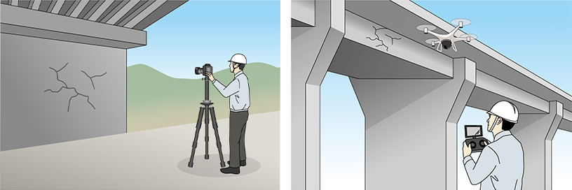 三脚にカメラをセットし写真を撮るイラストと、ドローンで橋梁の写真を撮るイラスト