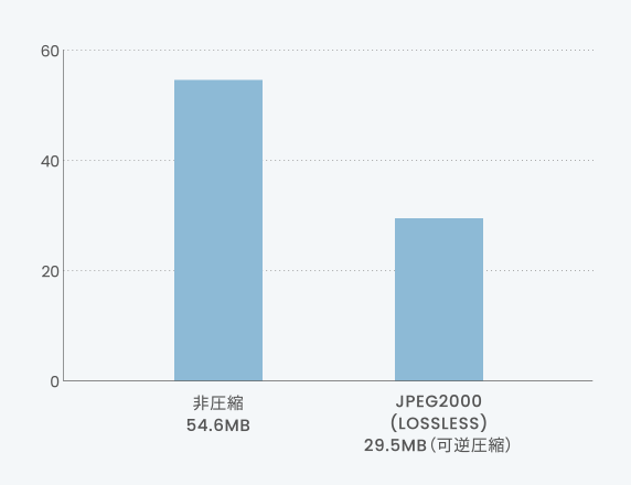 非圧縮とJPEG2000(LOSSLESS)の比較グラフ。見た目は変わらないが容量はJPEG2000が非圧縮の半分程度に。